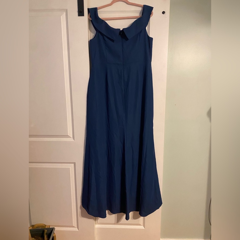 After Six - Deep Teal Atlantic Blue Off the Shoulder Crepe Gown Maxi Dress - Picture 9 of 15